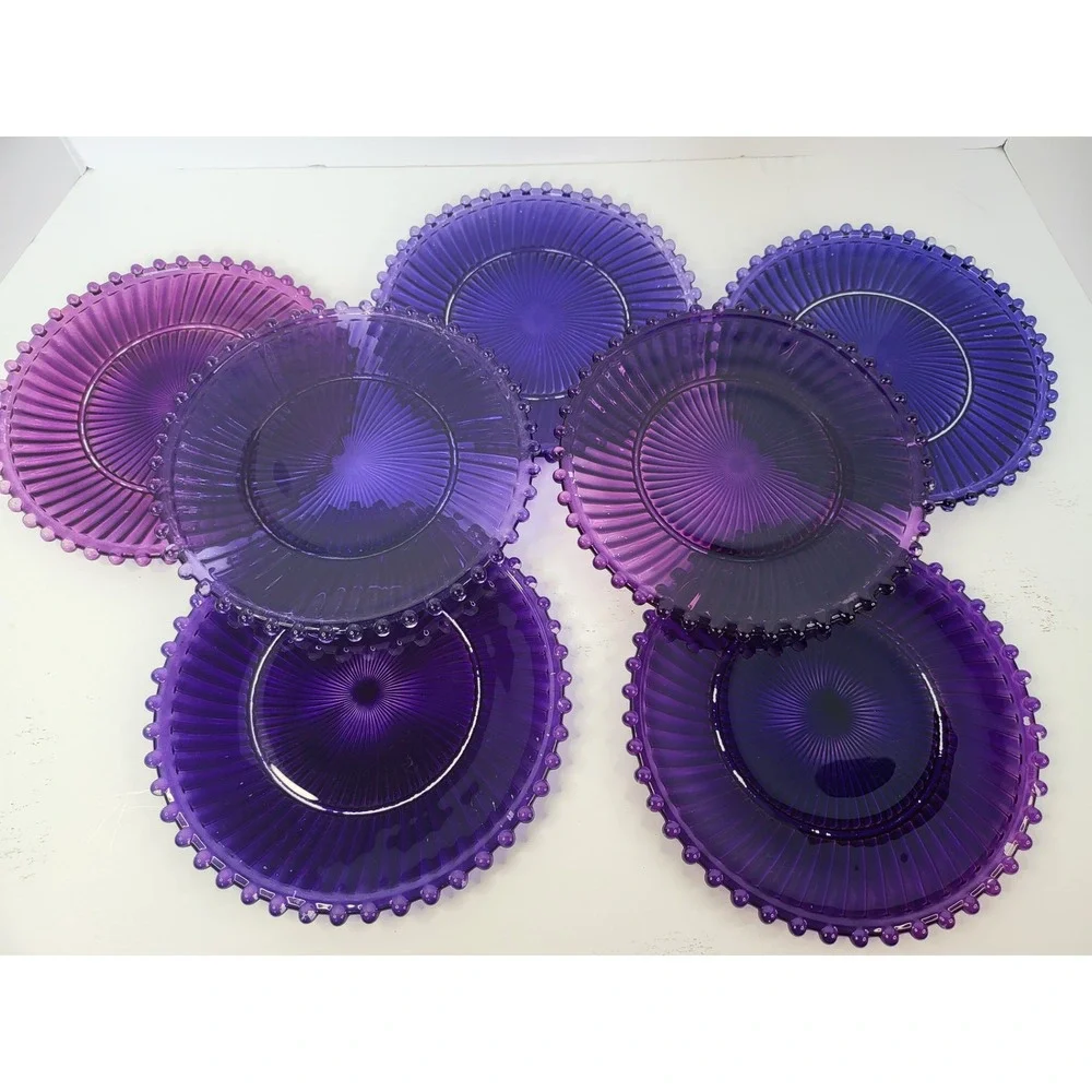 Purple Glass Salad Plates Set of 7 Beaded Rim Sunburst Ribbed Amethyst 8.25 inch